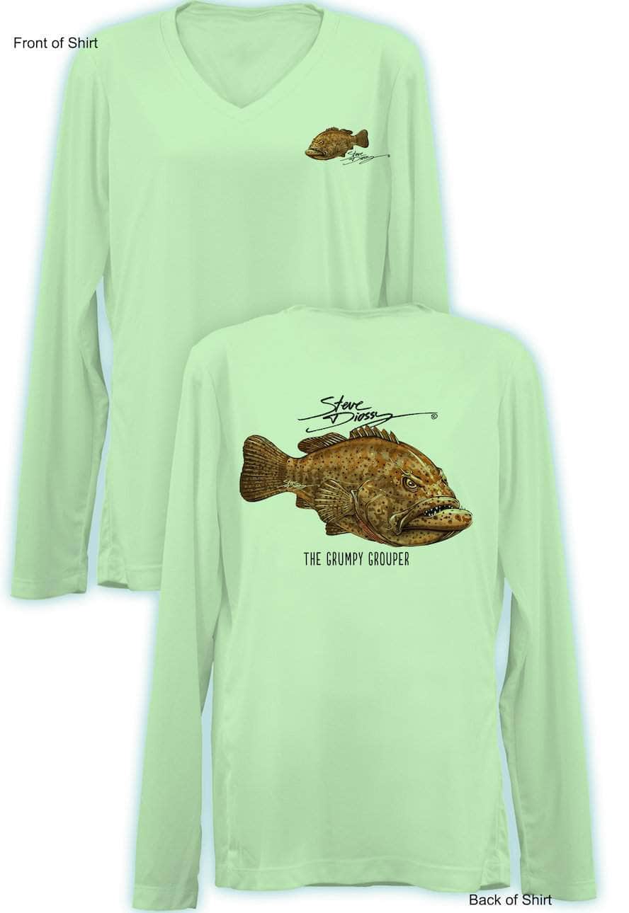 Grumpy Grouper - Ladies Long Sleeve V-Neck-100% Polyester